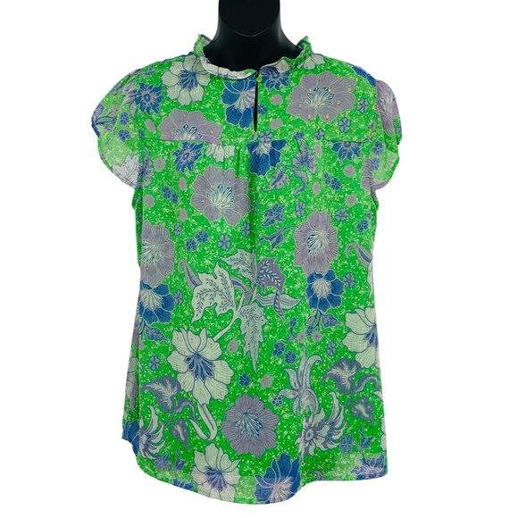 Joie Size Large L Green Floral Print Blouse Ruffle Collar Cap Sleeves New - Picture 1 of 9